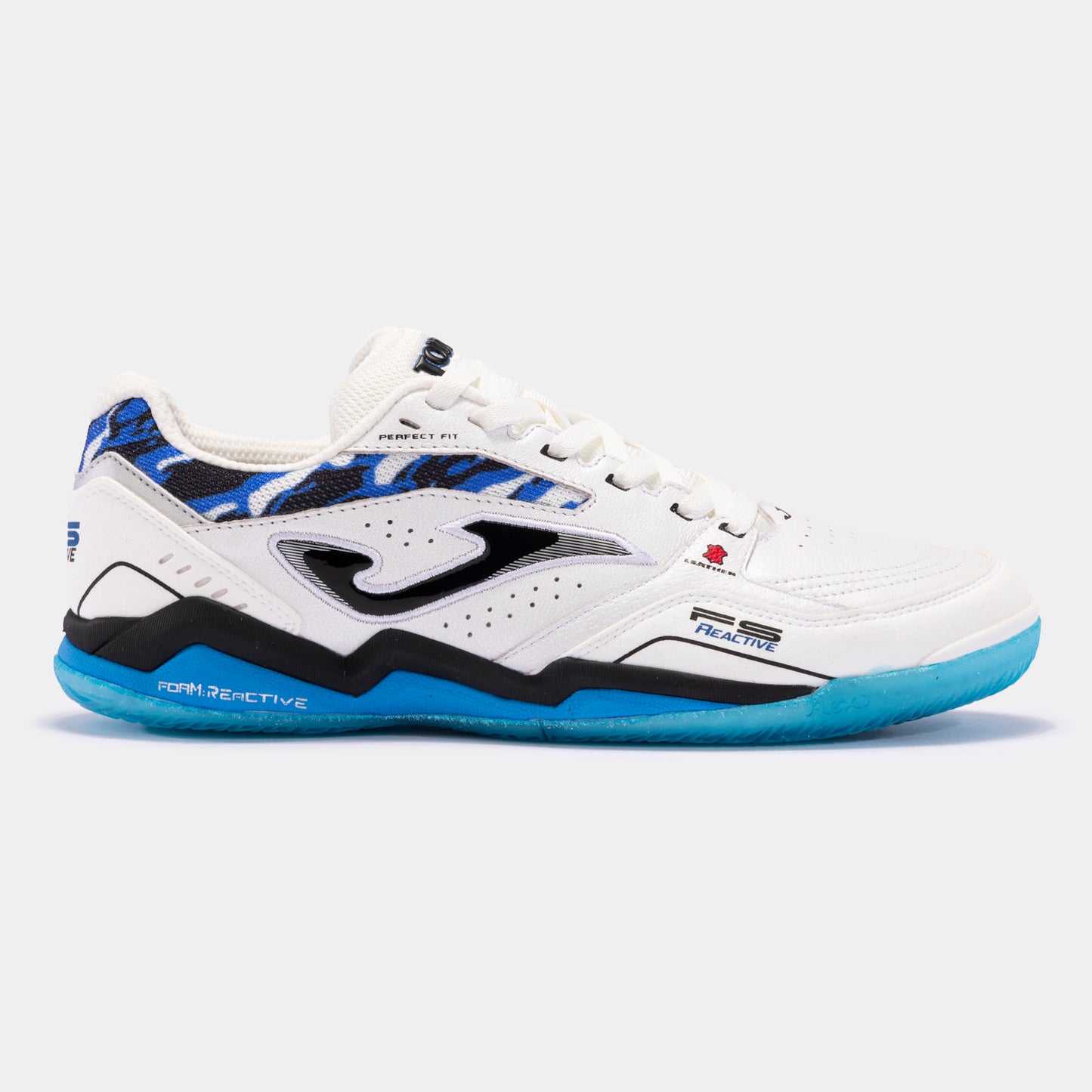 JOMA FS Reactive 2432 turf football shoe in white and royal blue, side view showing leather upper, VTS vents, and toe protection.