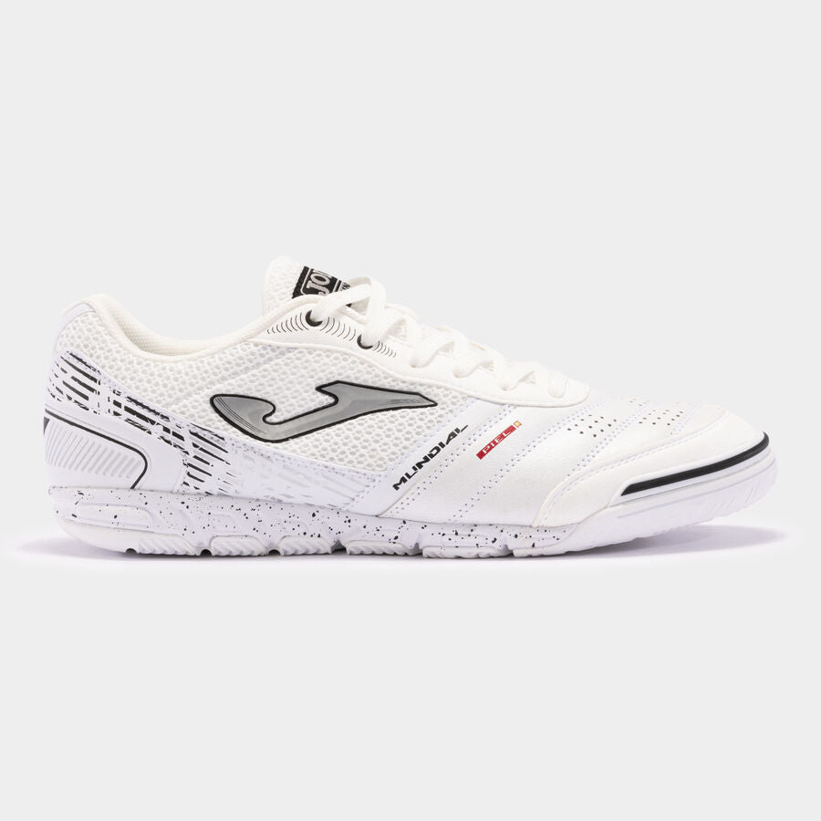 JOMA Mundial 2402 futsal trainer in white, side view showing leather upper and rubber sole.