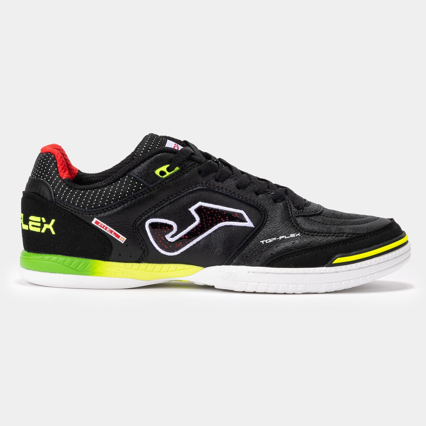 Side profile of JOMA Top Flex 2401 futsal trainer in black with durable leather upper and low-profile indoor sole.