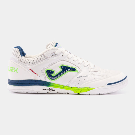 JOMA Top Flex Rebound 2402 futsal shoe in white and blue, side profile showing leather upper, VTS ventilation, and PROTECTION toe.