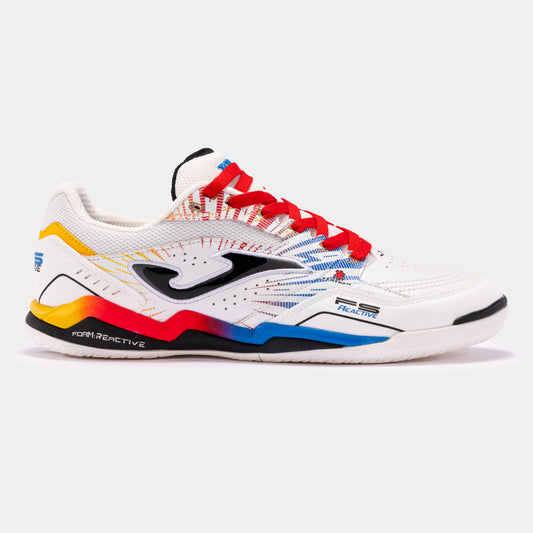 JOMA FS Reactive 2476 turf football shoe in white and red, side view showing leather upper, VTS ventilation, and toe protection.