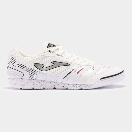 JOMA Mundial 2402 futsal trainer in white, side view showing leather upper and rubber sole.