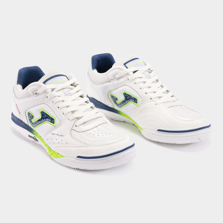 Pair of JOMA Top Flex Rebound 2402 futsal trainers in white and blue, angled view showing premium leather and reactive cushioning.