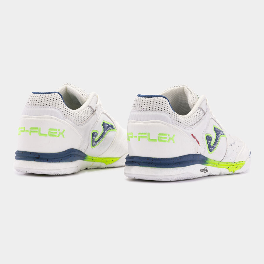 Back heel view of white/blue JOMA Top Flex Rebound 2402 showing ankle collar and phylon support.