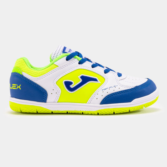 Side view of the Munich TOP FLEX JR 2402 White Royal indoor futsal shoe for boys and girls. This image highlights the durable Fibertech upper and the high-traction DURABILITY rubber sole, ideal for young players on indoor surfaces