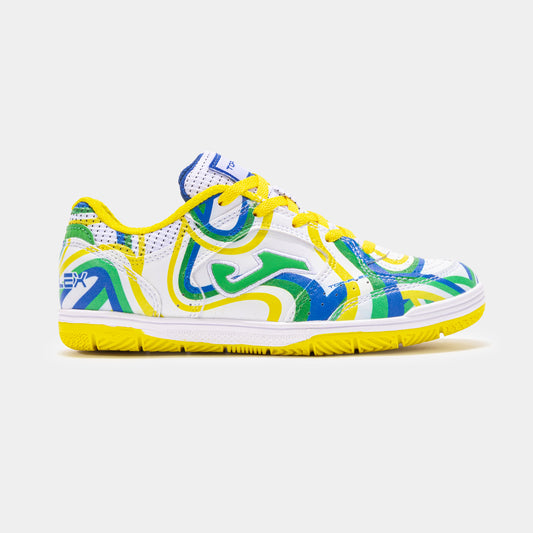 Side view of the Munich TOP FLEX JR 2442 White Yellow indoor futsal shoe for boys and girls. This image highlights the durable Fibertech upper and the high-traction DURABILITY rubber sole, ideal for young players on indoor surfaces.