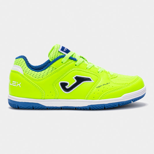 Side view of the Munich TOP FLEX JR 2511 Green indoor futsal shoe for boys and girls. This image highlights the durable Fibertech upper and the high-traction DURABILITY rubber sole, ideal for young players on indoor surfaces.
